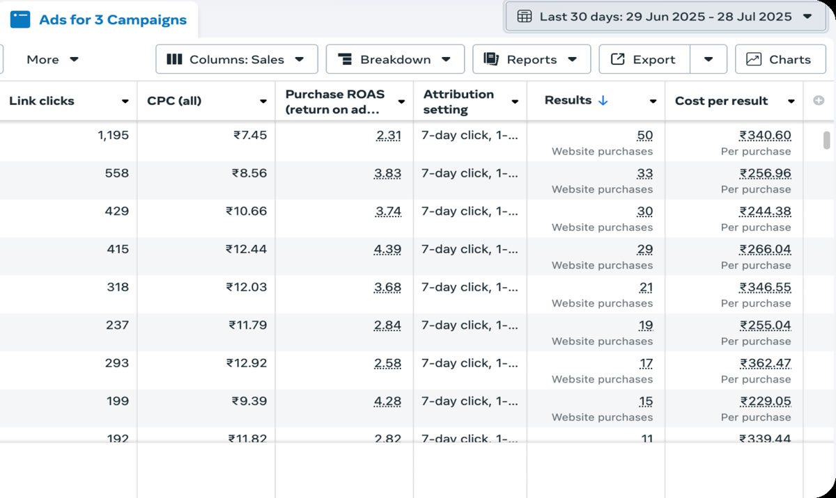 Meta Ads Manager ad-level report for 29 June to 28 July 2025: purchase ROAS between 2.31 and 4.39 across the top ads, cost per purchase between ₹229 and ₹362